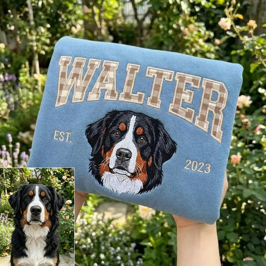 Custom Gingham Embroidered Pet Portrait Sweatshirt with Pet Name & EST - Personalized Keepsake for Pet Lovers