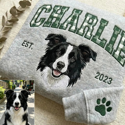 Custom Gingham Embroidered Pet Portrait Sweatshirt with Pet Name & EST - Personalized Keepsake for Pet Lovers
