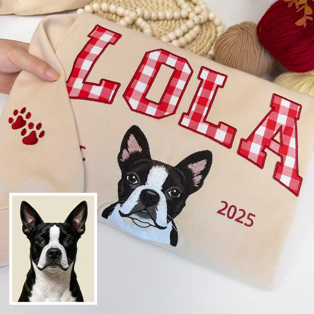 Custom Gingham Embroidered Pet Portrait Sweatshirt with Pet Name & EST - Personalized Keepsake for Pet Lovers