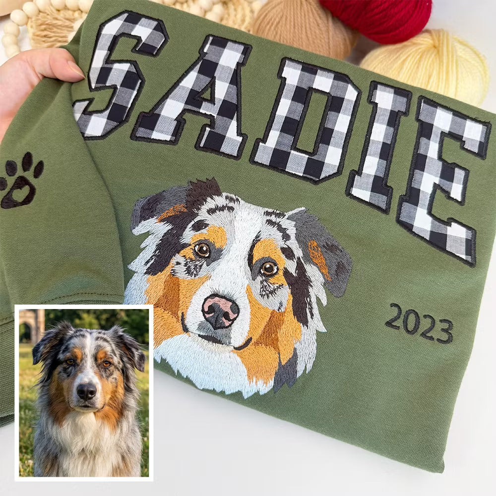 Custom Gingham Embroidered Pet Portrait Sweatshirt with Pet Name & EST - Personalized Keepsake for Pet Lovers