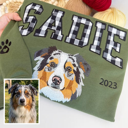 Custom Gingham Embroidered Pet Portrait Sweatshirt with Pet Name & EST - Personalized Keepsake for Pet Lovers