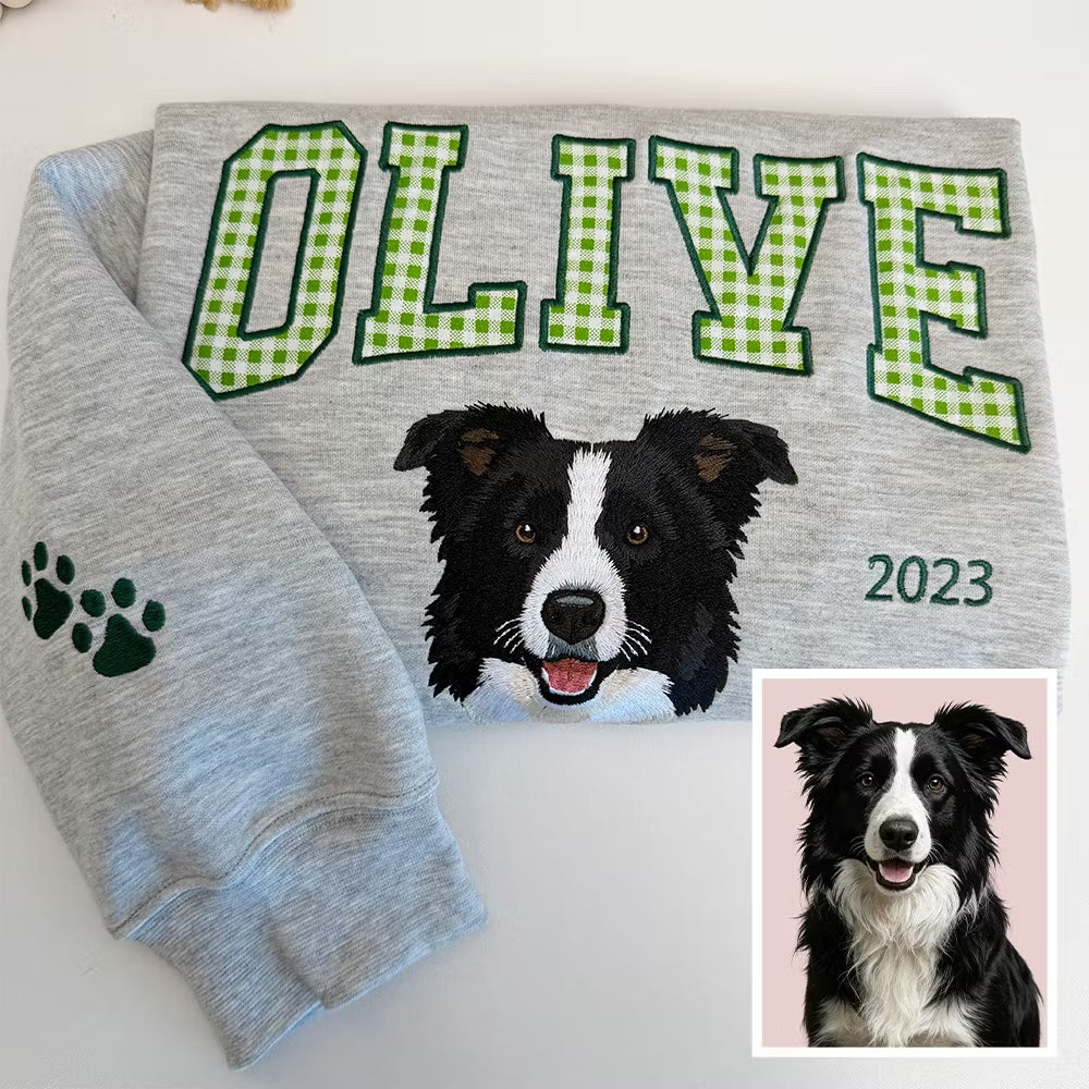 Custom Gingham Embroidered Pet Portrait Sweatshirt with Pet Name & EST - Personalized Keepsake for Pet Lovers
