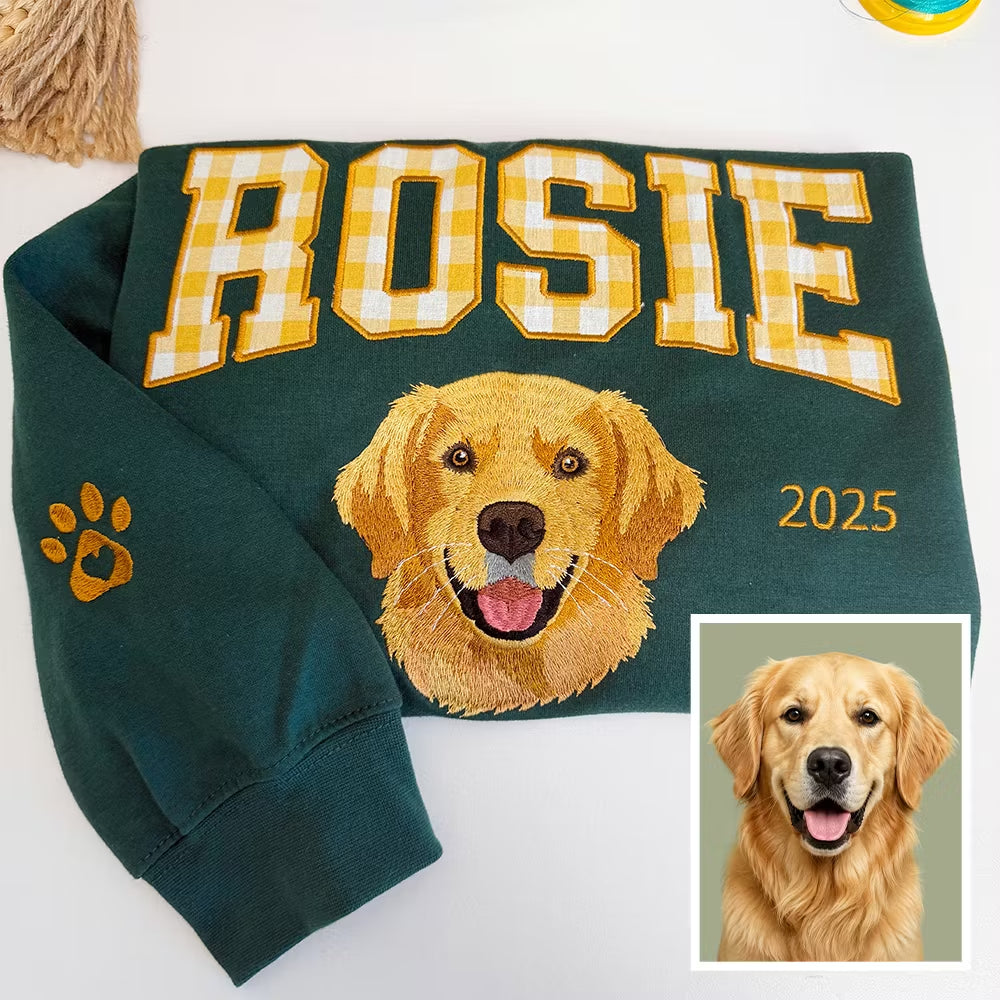 Custom Gingham Embroidered Pet Portrait Sweatshirt with Pet Name & EST - Personalized Keepsake for Pet Lovers