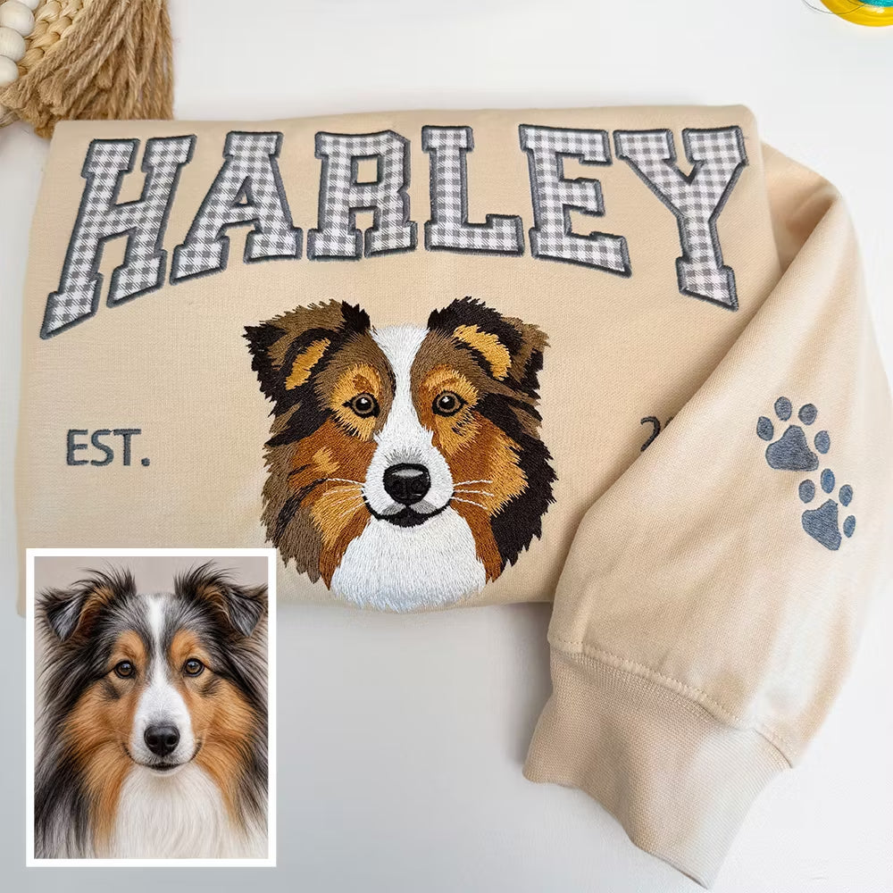 Custom Gingham Embroidered Pet Portrait Sweatshirt with Pet Name & EST - Personalized Keepsake for Pet Lovers