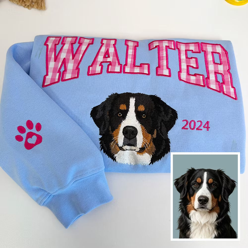 Custom Gingham Embroidered Pet Portrait Sweatshirt with Pet Name & EST - Personalized Keepsake for Pet Lovers