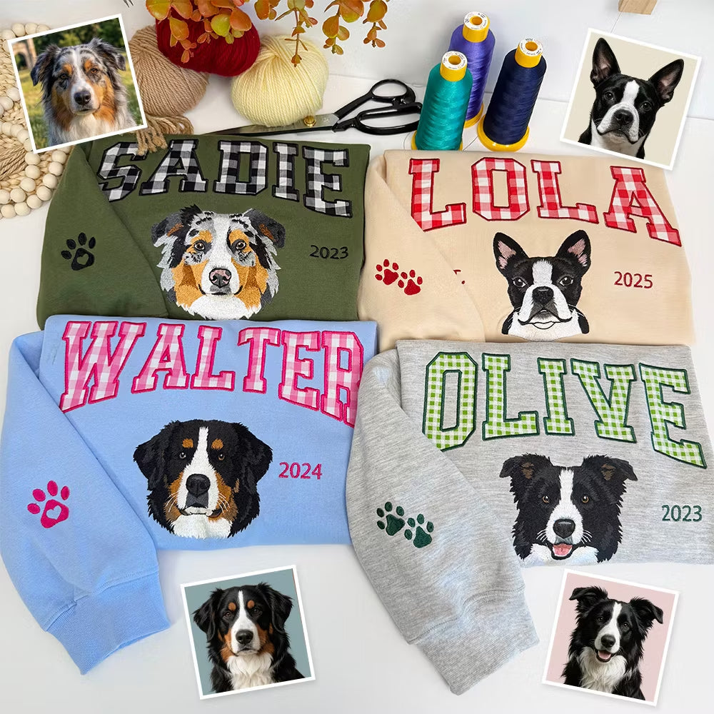 Custom Gingham Embroidered Pet Portrait Sweatshirt with Pet Name & EST - Personalized Keepsake for Pet Lovers