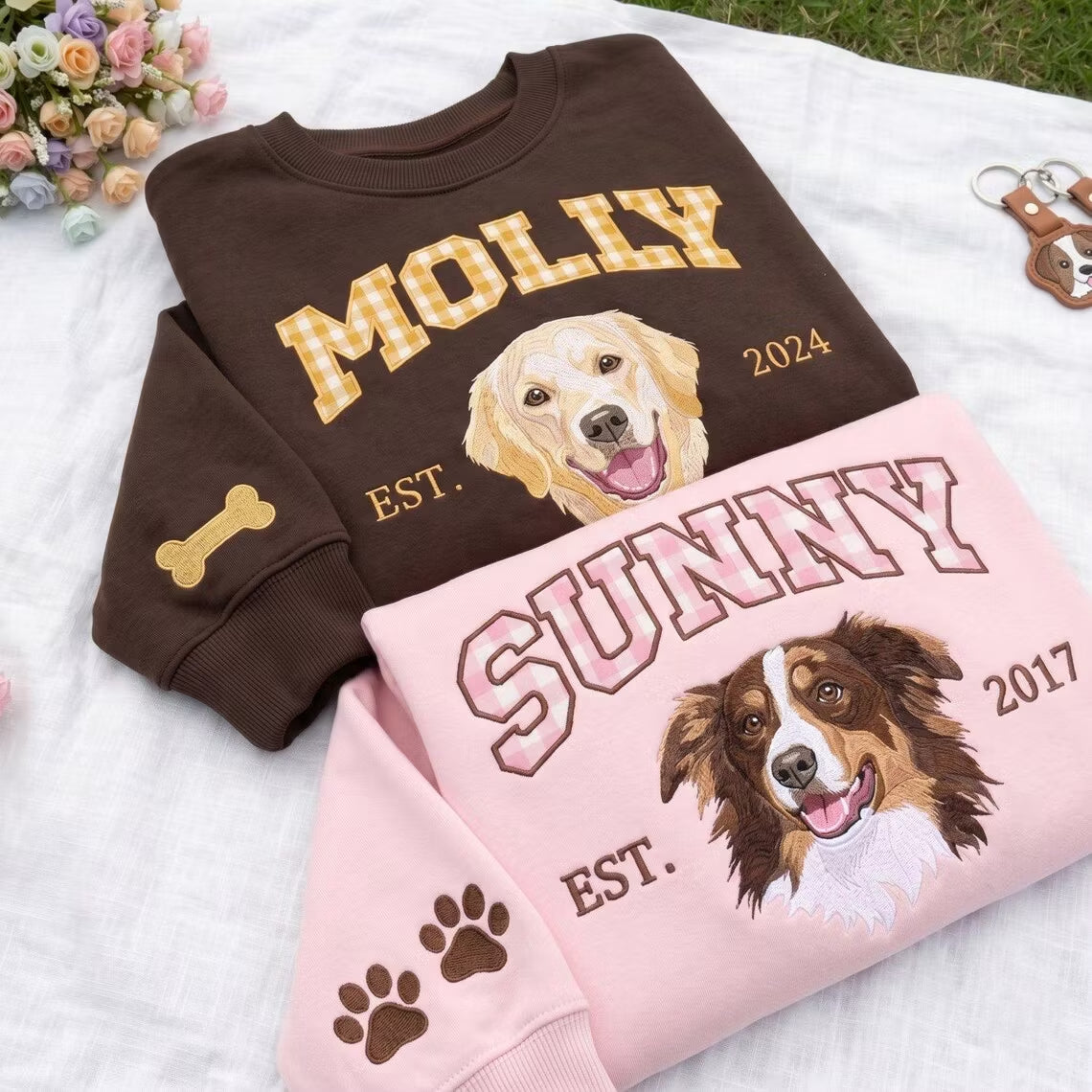 Custom Gingham Embroidered Pet Portrait Sweatshirt with Pet Name & EST - Personalized Keepsake for Pet Lovers