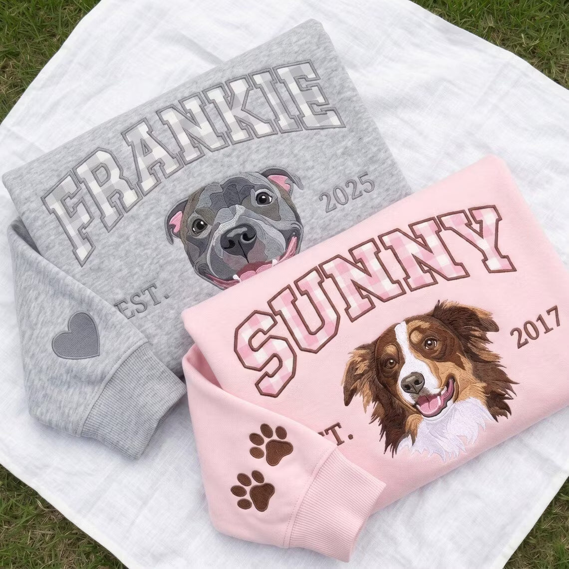 Custom Gingham Embroidered Pet Portrait Sweatshirt with Pet Name & EST - Personalized Keepsake for Pet Lovers