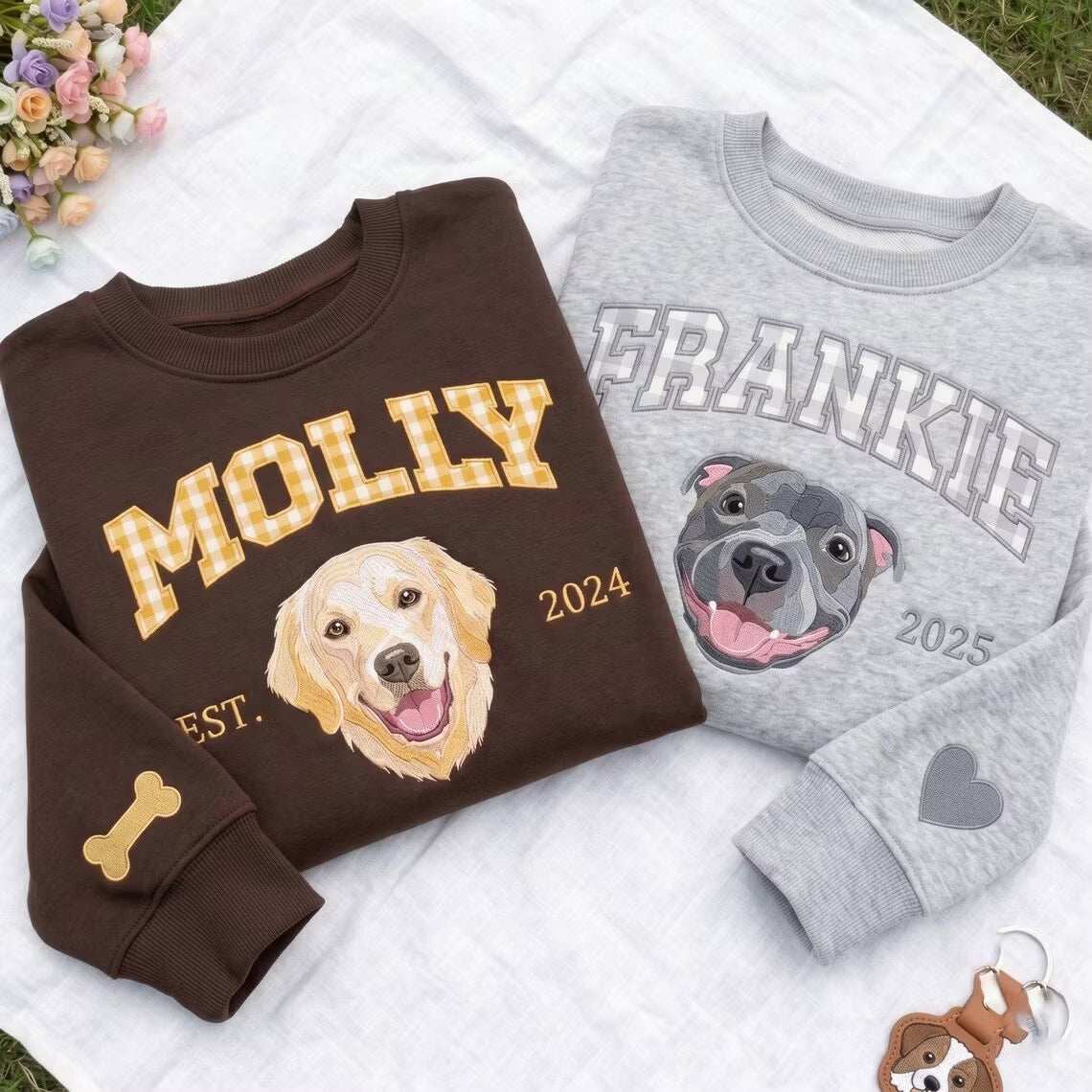 Custom Gingham Embroidered Pet Portrait Sweatshirt with Pet Name & EST - Personalized Keepsake for Pet Lovers