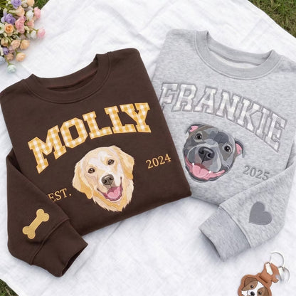 Custom Gingham Embroidered Pet Portrait Sweatshirt with Pet Name & EST - Personalized Keepsake for Pet Lovers