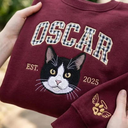 Custom Gingham Embroidered Pet Portrait Sweatshirt with Pet Name & EST - Personalized Keepsake for Pet Lovers