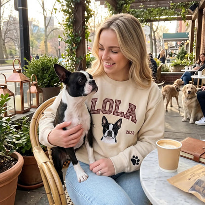 Custom Gingham Embroidered Pet Portrait Sweatshirt with Pet Name & EST - Personalized Keepsake for Pet Lovers