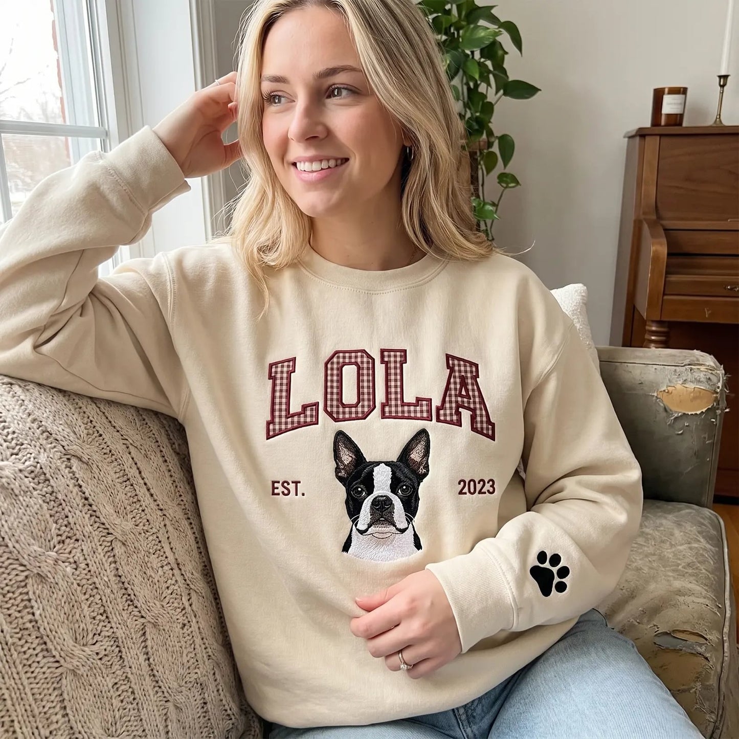 Custom Gingham Embroidered Pet Portrait Sweatshirt with Pet Name & EST - Personalized Keepsake for Pet Lovers