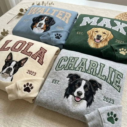 Custom Gingham Embroidered Pet Portrait Sweatshirt with Pet Name & EST - Personalized Keepsake for Pet Lovers