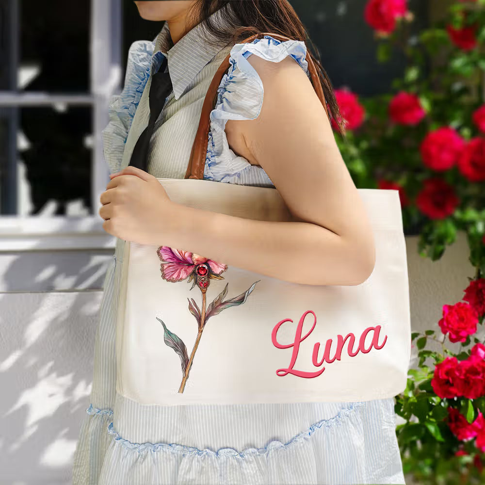 Personalized Retro Birth Flower Gemstone Name Large Capacity Canvas Bag with Leather Handle Birthday Mother's Day Bridal Shower Gift for Women