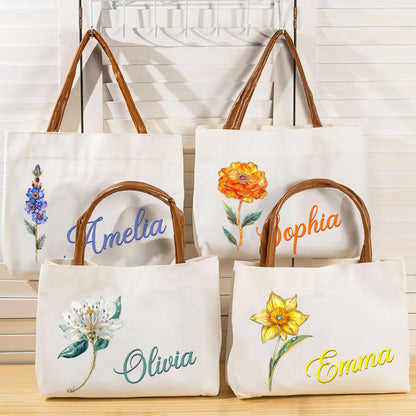 Personalized Retro Birth Flower Gemstone Name Large Capacity Canvas Bag with Leather Handle Birthday Mother's Day Bridal Shower Gift for Women