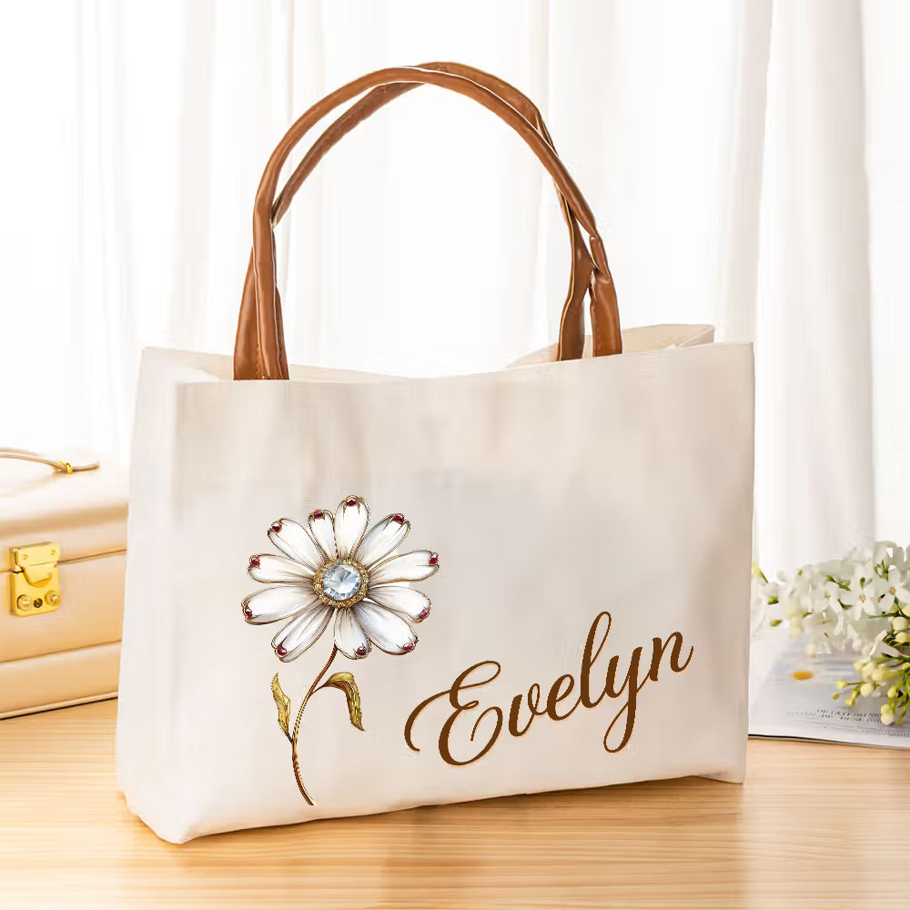 Personalized Retro Birth Flower Gemstone Name Large Capacity Canvas Bag with Leather Handle Birthday Mother's Day Bridal Shower Gift for Women