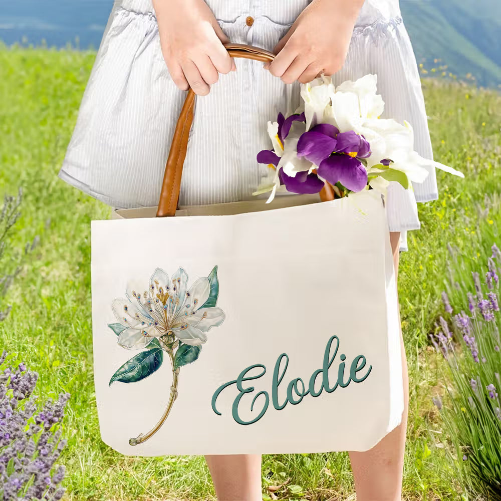 Personalized Retro Birth Flower Gemstone Name Large Capacity Canvas Bag with Leather Handle Birthday Mother's Day Bridal Shower Gift for Women