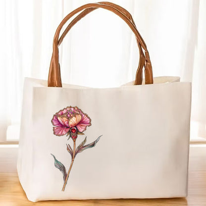 Personalized Retro Birth Flower Gemstone Name Large Capacity Canvas Bag with Leather Handle Birthday Mother's Day Bridal Shower Gift for Women