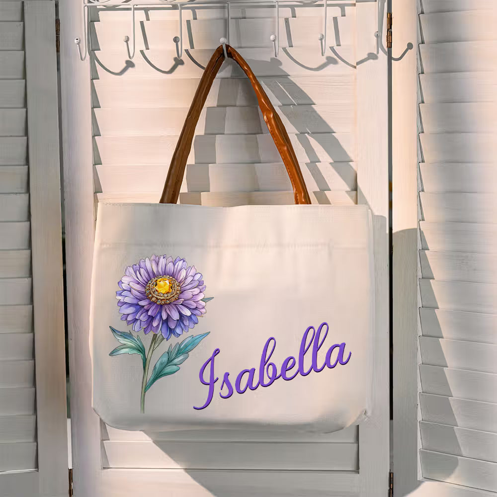 Personalized Retro Birth Flower Gemstone Name Large Capacity Canvas Bag with Leather Handle Birthday Mother's Day Bridal Shower Gift for Women